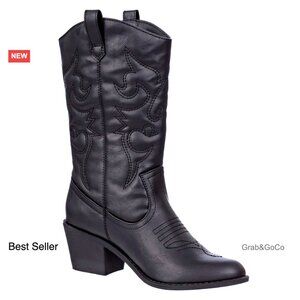 Vegan Leather Mid-Calf Boots Western Stitching Low Heel Cowgirl Style